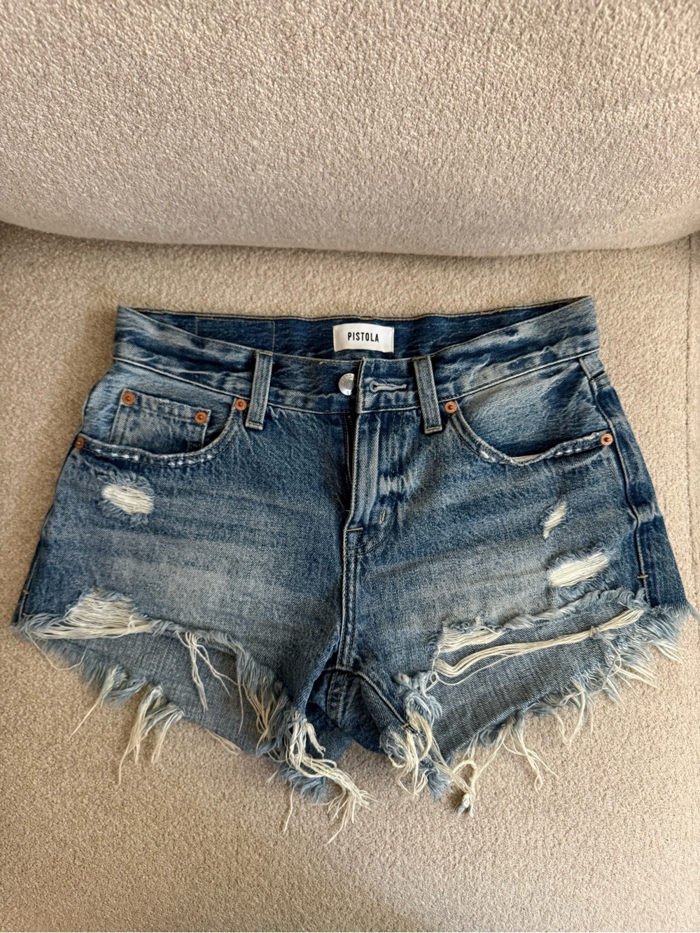 pistola Frayed Hem High-Rise Distressed Jean Shorts in Blue